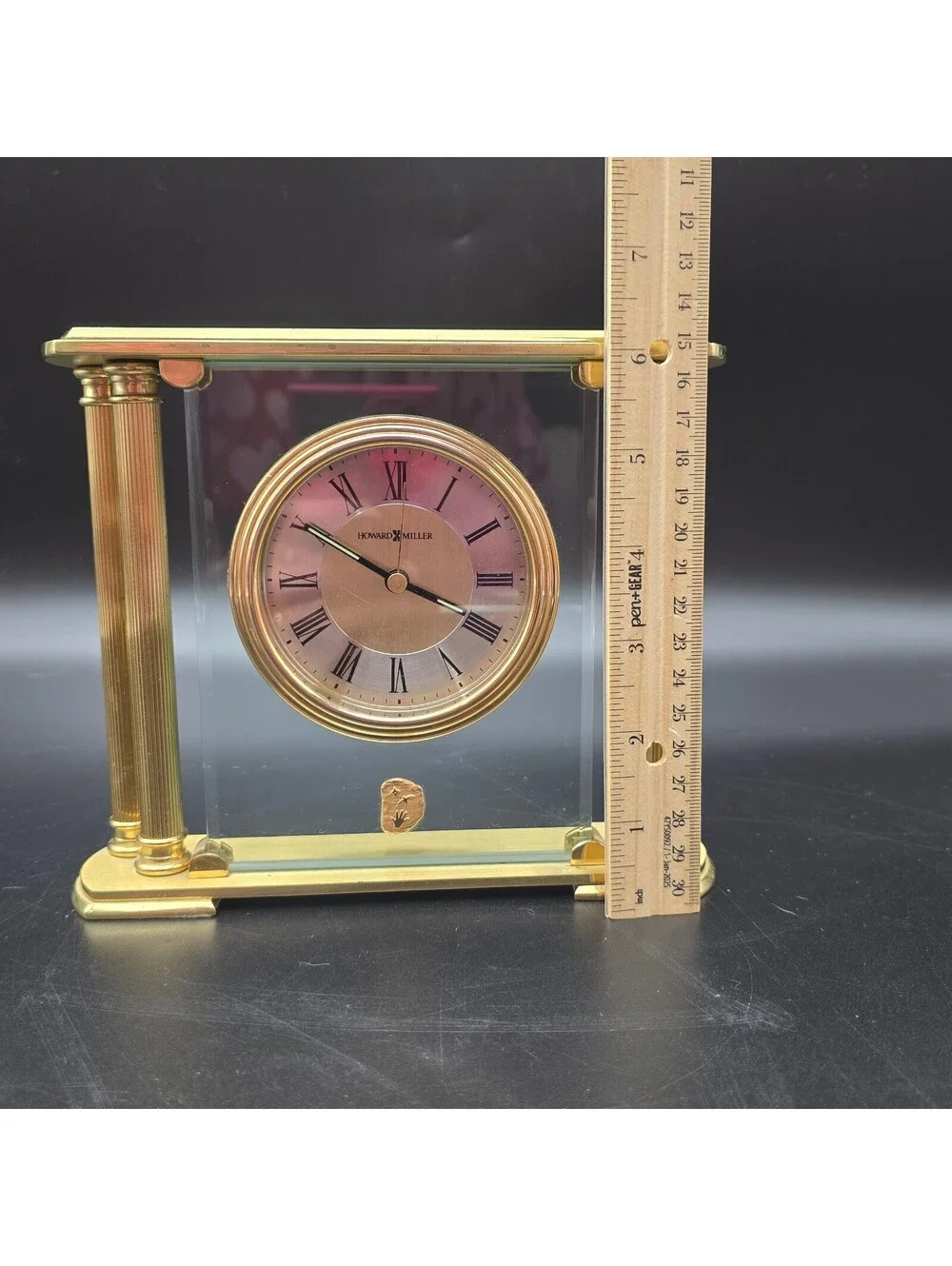 Vintage Howard Miller Athens Brass Glass Clock 613-627 Heavy Table Clock Working
